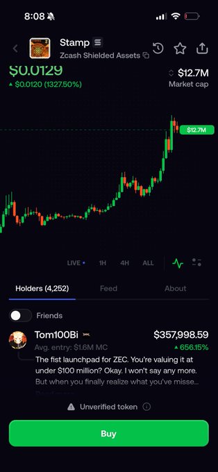 A mobile app screenshot showing a token called 'Stamp Zcash Shielded Assets' trading at $0.0129 with a 13,275% gain and $12.7M market cap, featuring a green price chart and a 'Buy' button.