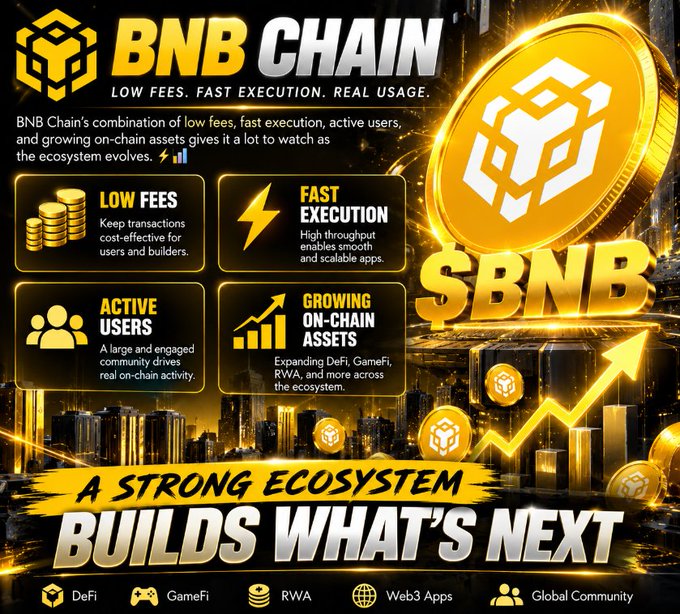 A promotional graphic for BNB CHAIN titled 'A STRONG ECOSYSTEM BUILDS WHAT'S NEXT' highlighting low fees, fast execution, active users, and growing on-chain assets.
