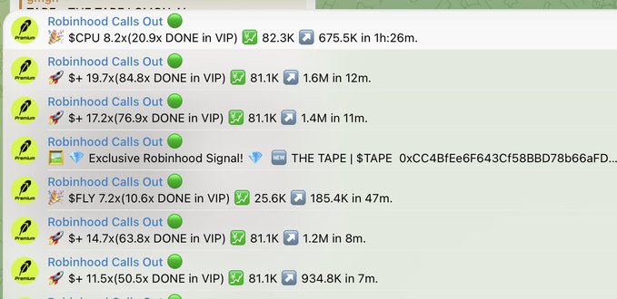 A Discord channel showing multiple "Robinhood Calls Out" bot messages displaying high-performing crypto signals with massive gains (84.8x–20.9x in VIP), view counts around 80K, and volume metrics, alongside a promoted post bragging about a 96x gain in 15 minutes and sharing a contract address (0xf014a3782e6979bd965376f6638d90914820ebff) and a Telegram link for the Robinhood Premium calls service.