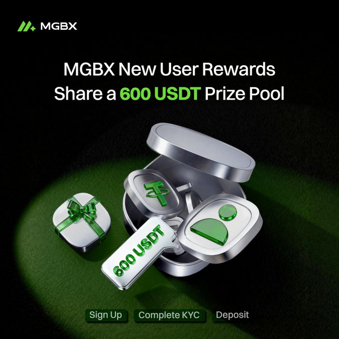 An MGBX cryptocurrency exchange advertisement promoting 'MGBX New User Rewards' with a 600 USDT prize pool, showing steps: Sign Up, Complete KYC, Deposit.