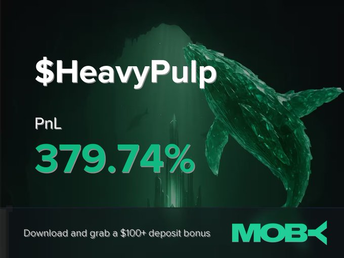 A promotional graphic features a dramatic green whale swimming through an underwater scene with crystal-like spires, promoting a "$100+ deposit bonus" on the Moby platform. The text displays "$HeavyPulp" with a striking PnL of "379.74%" alongside the Moby logo, illustrating the trader's profitable position close highlighted in the accompanying post.