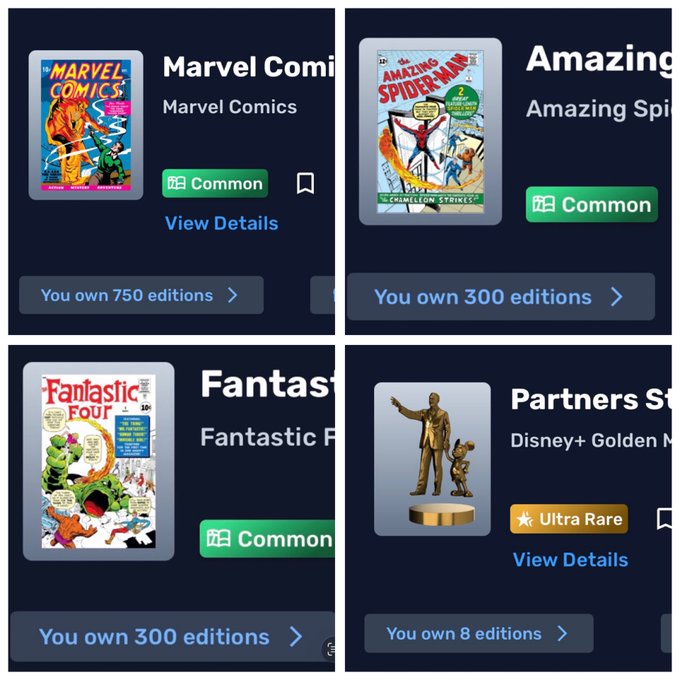 A mobile app interface showing digital comic collectibles, including 'Marvel Comics' and 'Amazing Spider-Man' (marked Common) and 'Partners Statue' marked 'Ultra Rare'.