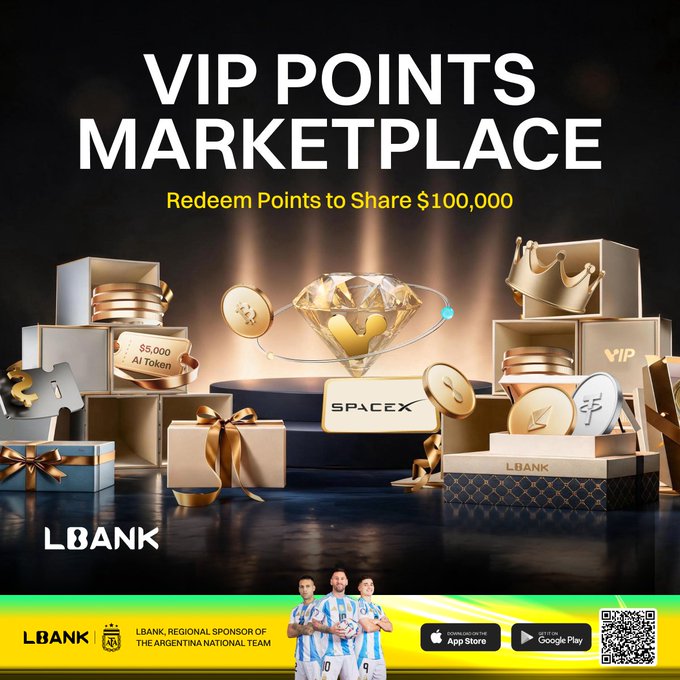The image promotes LBank's "VIP Points Marketplace" with the headline "Redeem Points to Share $100,000," featuring visual elements like a diamond, gold coins, gift boxes, and a "$5,000 AI Token" tag, along with branding for SpaceX, SpaceX (xAI), and LBank. At the bottom, LBank displays its sponsorship of the Argentina National Team alongside app download badges, reinforcing the post's call to action to redeem VIP points for crypto rewards and premium prizes.