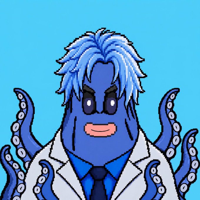 A pixel art illustration of a blue octopus character with light blue hair, wearing a white lab coat and black tie, set against a bright cyan background. The image playfully responds to the "gm if you love NFTs" post with its cartoonish, crypto-friendly aesthetic, likely serving as a fun profile picture or avatar for the NFT community.
