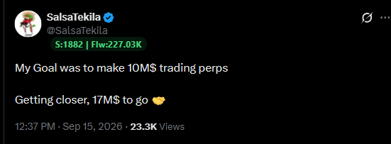 A tweet from @SalsaTekila stating their goal was to make 10M$ trading perps, noting they are $17M away from the goal, with stats showing -$1882 and Flw:227.03K.