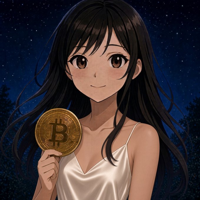 An anime-style illustration of a smiling girl with long dark hair wearing a white camisole, holding a gold Bitcoin coin against a starry night background.
