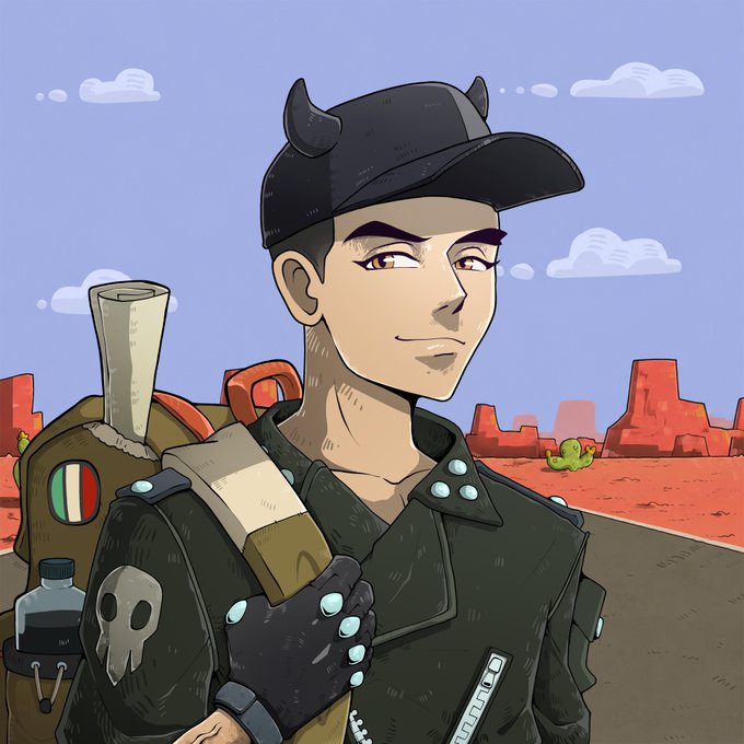 An anime-style illustration shows a confident young man wearing a horned black cap and dark studded jacket, carrying a backpack adorned with a skull patch and Italian flag badge, set against a desert landscape with red rock formations and a cactus. The image evokes a rebellious, adventurous spirit that complements the post's call to action rallying "degen riders" on Robinhood App to join a new racing culture by sharing their $ETH wallets.
