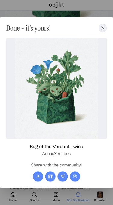 A mobile app screen from "objkt" showing a successful NFT purchase confirmation for "Bag of the Verdant Twins" by AnnasXechous, featuring a sculptural artwork of two green figures with plants.