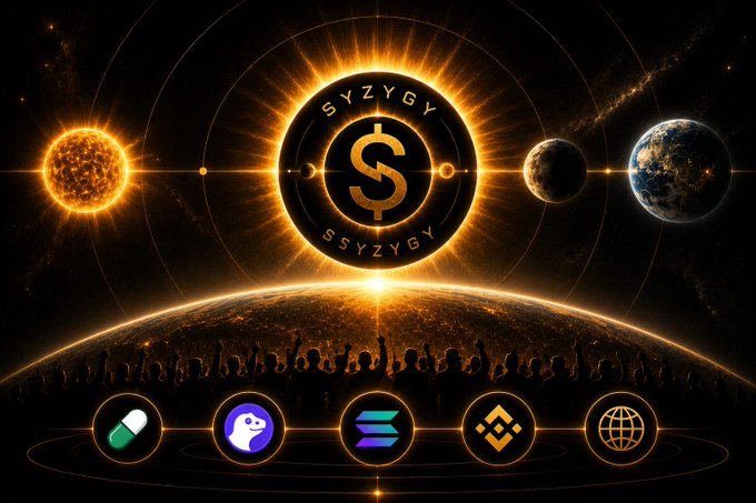 The image features a large, circular logo with the word "S" at its center, surrounded by various symbols representing different cryptocurrency coins or tokens. The background of the image is black, which contrasts with the bright yellow sun positioned above the logo. Below the logo, there are descriptions of each coin or token in white text.