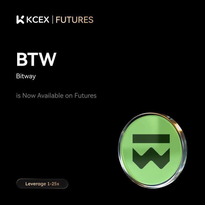 The image shows a website called "kcex.com/futures" with a green circular logo featuring a black square within it, which appears to be an illustration of Bitcoin's logo. Below the logo, there is text that reads "Get ready ... @Bitway perpetual futures are now available on #KCEX!". The post promotes Bitwise, which specializes in trading and offering Bitcoin services.