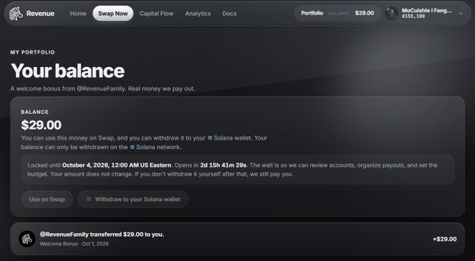A screenshot of a web dashboard titled 'Revenue' displaying a portfolio balance of $29.00, with buttons to 'Use on Swap' or 'Withdraw to your Solana wallet.'