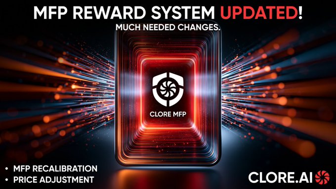 A promotional graphic announcing 'MFP REWARD SYSTEM UPDATED!' by CLORE.AI, featuring a glowing red Clore MFP logo with bullet points for 'MFP RECALIBRATION' and 'PRICE ADJUSTMENT'.