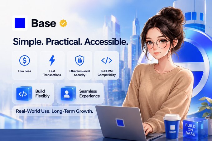 A Base cryptocurrency promotional graphic featuring 'Simple. Practical. Accessible.' text, an anime-style woman with glasses using a laptop, and feature icons for Low Fees, Fast Transactions, Ethereum-level Security, and Full EVM Compatibility.