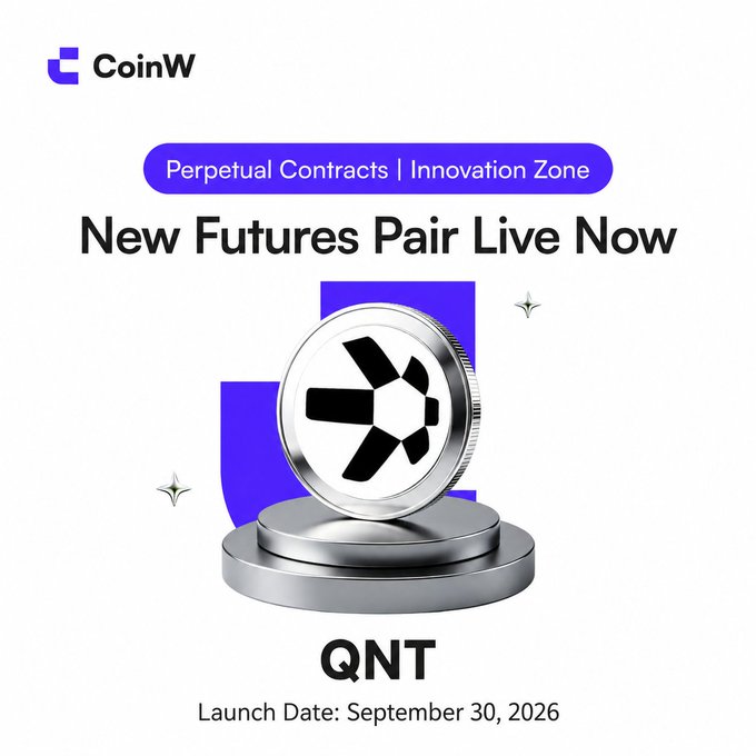 A CoinW promotional graphic announcing a new futures pair live now for QNT (Quant), with a launch date of September 30, 2026.