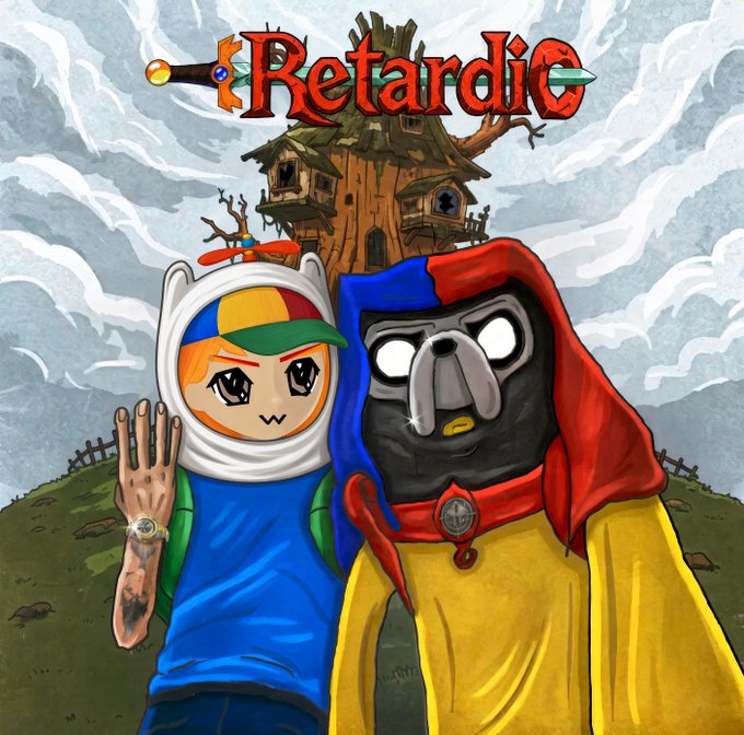 A cartoon-style digital artwork titled 'Retardic' showing two characters—a figure in a white hood with a colorful cap waving, and a masked figure in a red and blue hooded robe with glowing white eyes—standing in front of a treehouse on a cloudy day.