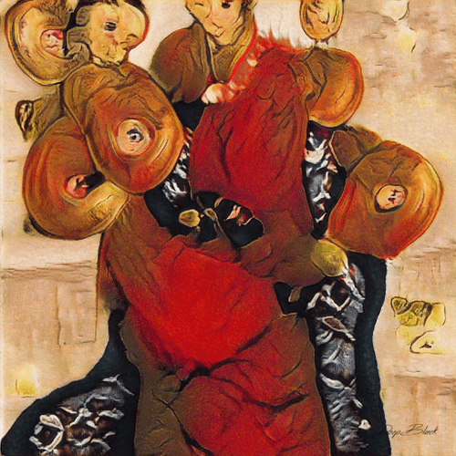 A vibrant, surreal digital painting featuring distorted figures in bold red and gold tones, signed "DeepBlack" in the lower right corner, corresponds to the AI-generated artwork #6467 by artist DeepBlackAI. The piece was sold as an NFT for 0.201 WETH ($493 USD) from user shugaring to user 777727.