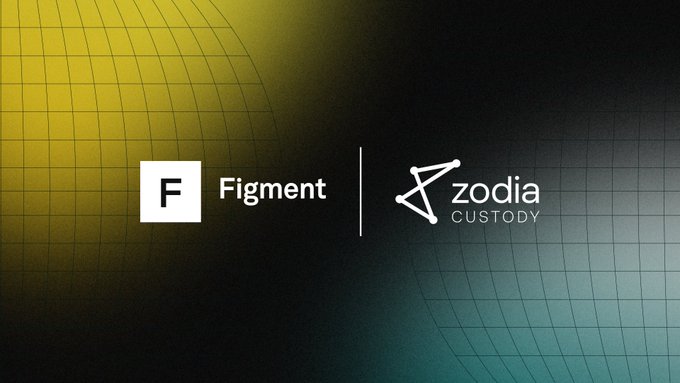 A promotional graphic featuring the logos of Figment and Zodia Custody on a yellow-green gradient background with grid patterns, separated by a vertical line.
