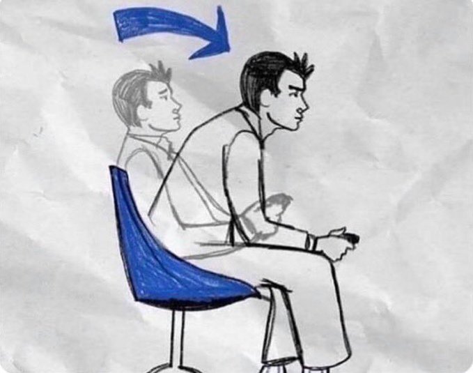 A simple pencil drawing on crumpled paper illustrates the evolution of sitting posture, with a blue arrow showing a slouched figure transforming into a straight-backed seated person holding a phone.