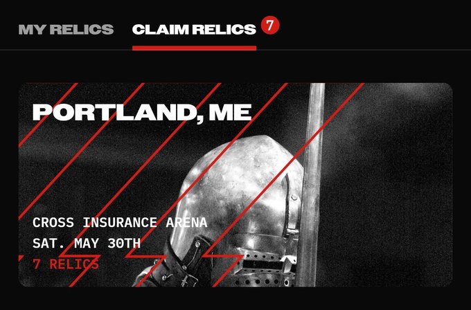 The image features a black and white poster with a person wearing a helmet, possibly a knight or a medieval-style warrior, standing next to a sword. The poster also includes text that reads "My Relics Claim Relics 7 Portland, ME". This suggests that there is an event related to claim relics in Portland, Oregon.