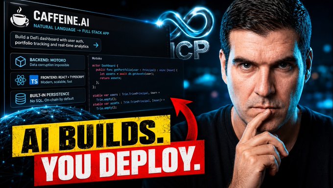 A promotional graphic for "CAFFEINE.AI" featuring a thinking man, advertising a DeFi dashboard with features like Backend Motoko, Frontend React + TypeScript, Built-in Persistence, and the tagline "AI BUILDS. YOU DEPLOY." alongside an ICP logo.