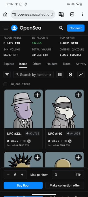 The image features an openSea collection of items displayed on a cellphone screen. The view shows two cartoon characters from the collection, one wearing a blue hat and another with a gray helmet. Both characters are standing next to each other near an item called 'NPC #83'. One of them has a price tag of 0.04E on it.