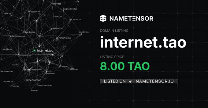 A domain listing advertisement on Nametensor for the domain 'internet.tao' priced at 8.00 TAO, featuring a network node map graphic on a dark background.
