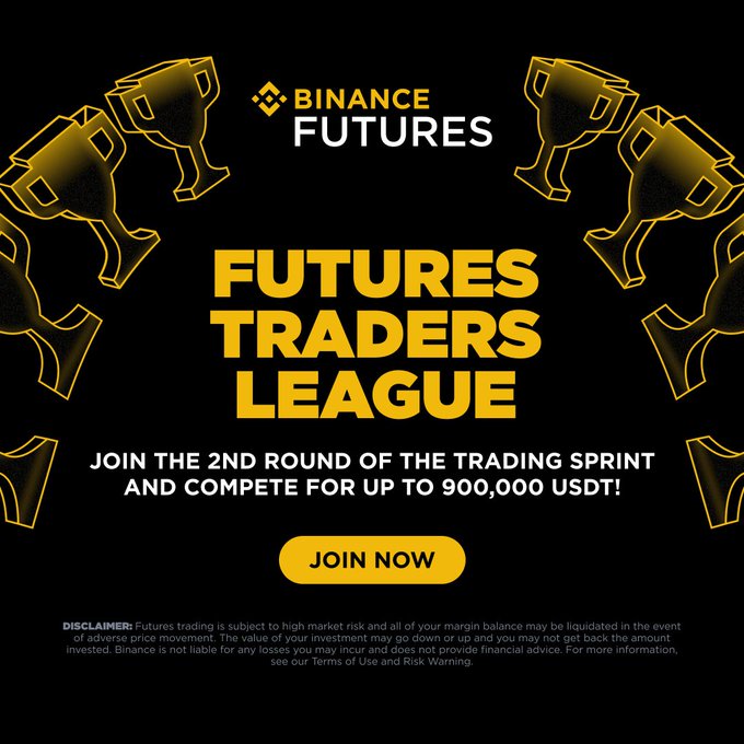 A Binance Futures promotional banner for the "Futures Traders League" inviting users to join the 2nd round of the Trading Sprint with a prize pool of up to 900,000 USDT, featuring a black and gold design with trophy illustrations and a "JOIN NOW" call-to-action.