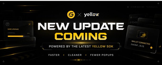 The image features a banner with yellow text that reads "New Update Coming" and "YellowSDK". The background of the image is black, which contrasts with the yellow text. The banner also includes a list of improvements for the latest update, such as faster interactions, better overall user experience, fewer wallet popups, simpler onboarding, and actions. These improvements aim to enhance the gaming experience by providing a smoother and more enjoyable gameplay environment.