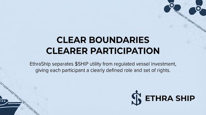 A slide with the text 'CLEAR BOUNDARIES CLEARER PARTICIPATION' explaining that EthraShip separates $SHIP utility from regulated vessel investment.
