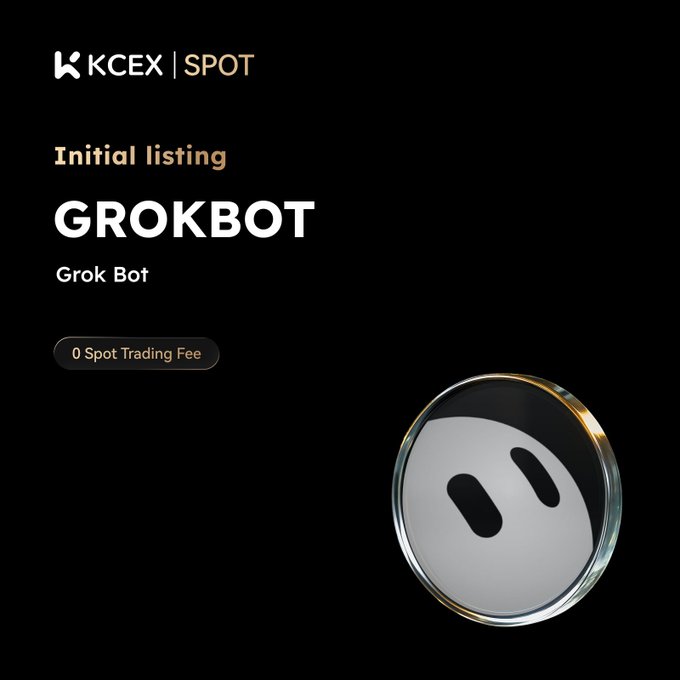 A black graphic announcing the initial listing of 'GROKBOT' (Grok Bot) on KCEX SPOT with 0 Spot Trading Fee, featuring a silver robot face icon.