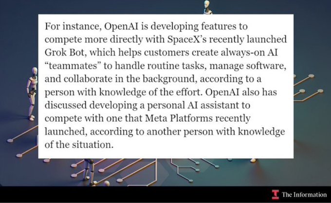 A text excerpt from The Information discussing OpenAI developing features to compete with SpaceX's Grok Bot and Meta Platforms' personal AI assistant.
