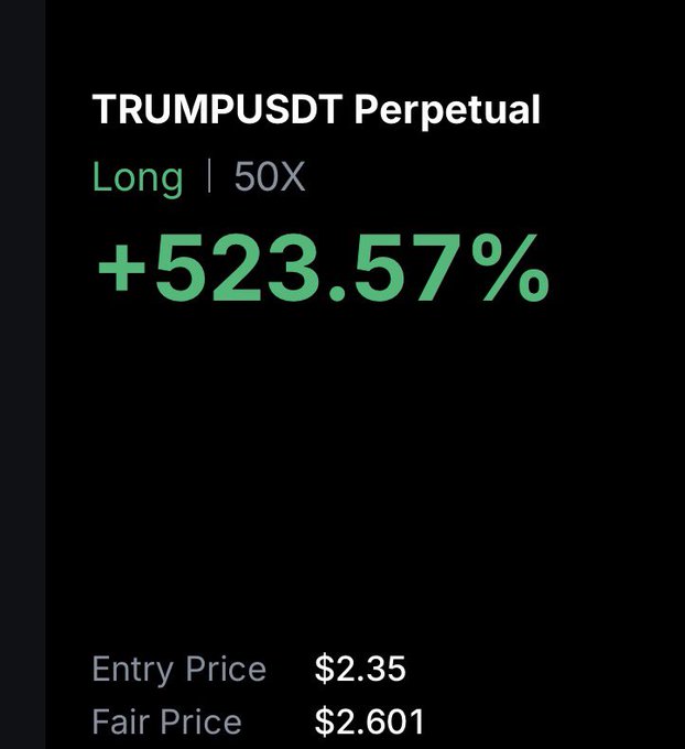 A trading screenshot shows a TRUMPUSDT Perpetual long position at 50X leverage with an unrealized gain of +523.57%, entered at $2.35 with a current fair price of $2.601, reflecting the recent surge in the TRUMP token.