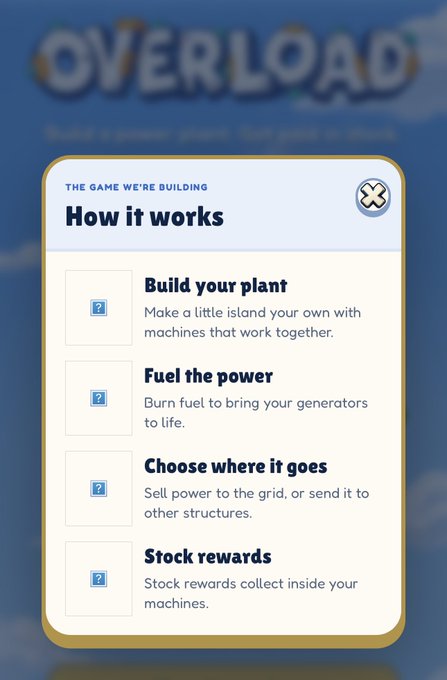 A game interface titled 'OVERLOAD' displays a 'How it works' menu with four steps: Build your plant, Fuel the power, Choose where it goes, and Stock rewards.