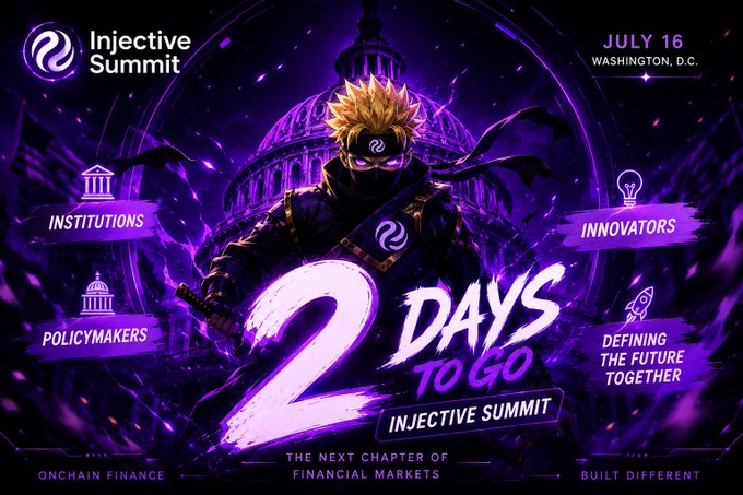 A promotional poster for the 'Injective Summit' on July 16 in Washington, D.C., featuring a ninja character, the U.S. Capitol, and a '2 Days to Go' countdown.