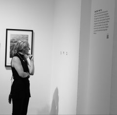 A black-and-white photograph shows a woman in a dark dress standing in an art gallery, looking at a framed picture on a white wall beside a small informational placard.