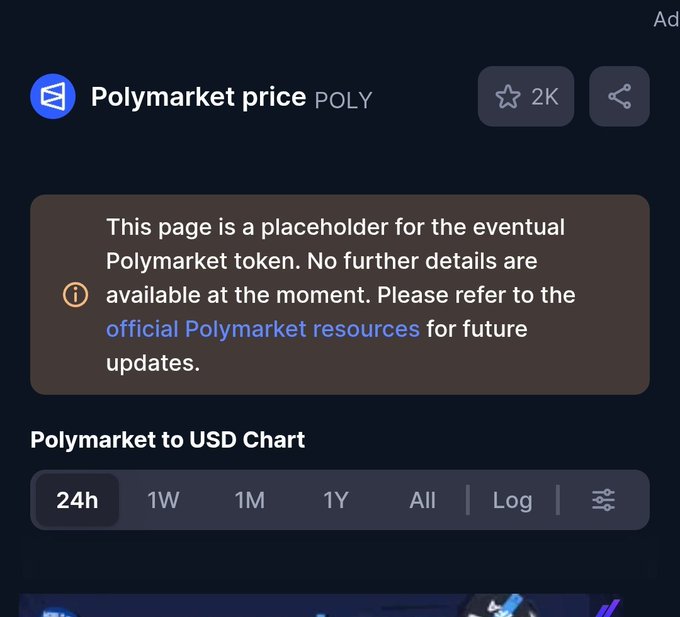 The image shows a placeholder page for the "Polymarket price POLY" token tracker, which currently displays a message stating no further details are available and directs users to official Polymarket resources for future updates. This relates to the post by confirming that Polymarket does have a token page listed, but as the user notes, it only contains a placeholder indicating that details about the rumored $POLY token launch have yet to be released.
