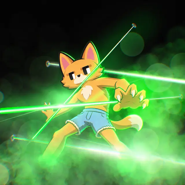 An orange cat character dodges crisscrossing green laser beams in an action-packed scene, visually symbolizing the Hood Cats NFT project's swift, strategic maneuvering to avoid market pitfalls and drive rapid trading success.