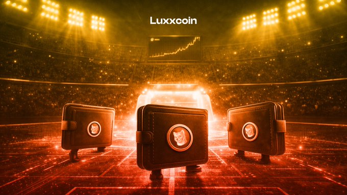 A promotional graphic for 'Luxxcoin' showing three leather wallets with cat logos walking into a glowing golden stadium-like arena with a price chart displayed on a screen.