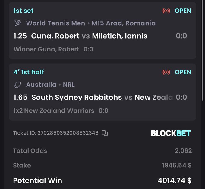 A BlockBet betting slip showing a $1,946.54 stake on an in-play double—Guna, Robert (1.25) over Miletich, Iannis in the M15 Arad tennis match and 1x2 New Zealand Warriors (1.65) over South Sydney Rabbitohs in the NRL—for a potential win of $4,014.74 at 2.062 total odds. The post references both picks as the user kicks off a weekend betting run on BlockBet.