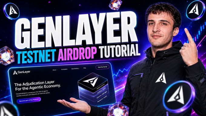 A YouTube-style thumbnail for a 'GENLAYER TESTNET AIRDROP TUTORIAL' featuring a man pointing upward next to a screenshot of the GenLayer website, which describes itself as 'The Adjudication Layer For the Agentic Economy'.