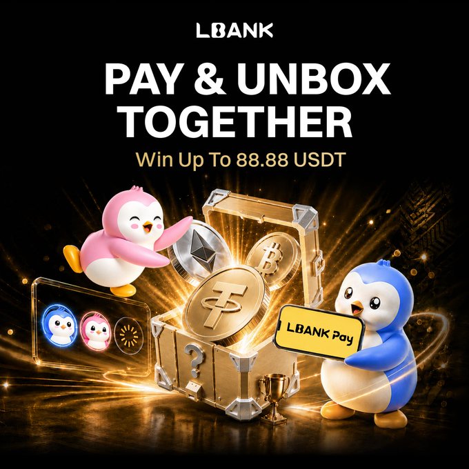 A promotional banner for LBank's "PAY & UNBOX TOGETHER" campaign features two cartoon penguins—a pink one and a blue one holding an "LBank Pay" card—flanking a treasure chest overflowing with glowing USDT, Bitcoin, and Ethereum coins, advertising a chance to "Win Up To 88.88 USDT" by forming a team of three to complete an LBank Pay transaction and open a Mystery Box within 72 hours.