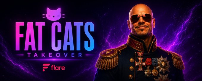 A promotional banner for 'Fat Cats Takeover' on the Flare blockchain, featuring a stylized cat logo and a character in an ornate military-style uniform with medals, set against a purple lightning background.