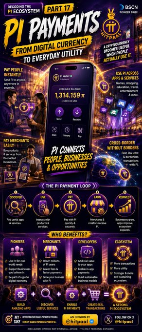 A promotional infographic for 'PI PAYMENTS - DECODING THE PI ECOSYSTEM PART 17' featuring information about Pi cryptocurrency, apps, merchants, and the Pi Payment Loop, branded with BSCN and sponsored by hitpool.