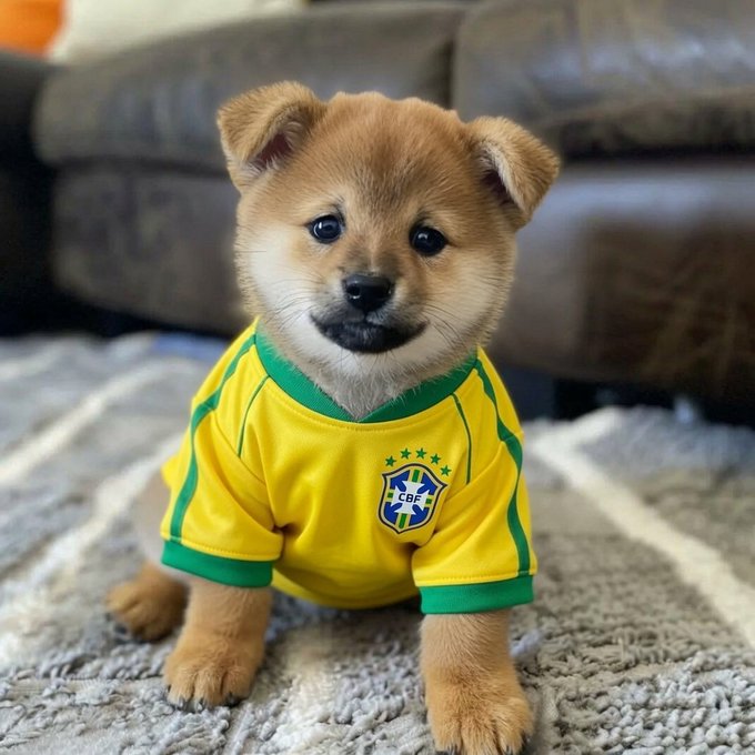 An adorable Shiba Inu puppy wearing a yellow and green Brazil national team jersey with the CBF crest, sitting on a textured rug in front of a brown leather couch.
