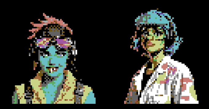 A pixel art image showing two stylized characters: a woman on the left with a pink headband and pink sunglasses, and a man on the right wearing a blue bandana.