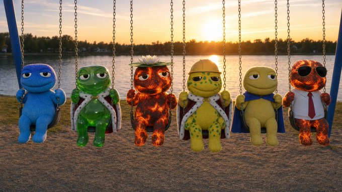 Six plush toys designed to resemble the Teenage Mutant Ninja Turtles sit on swings at a beach during sunset.