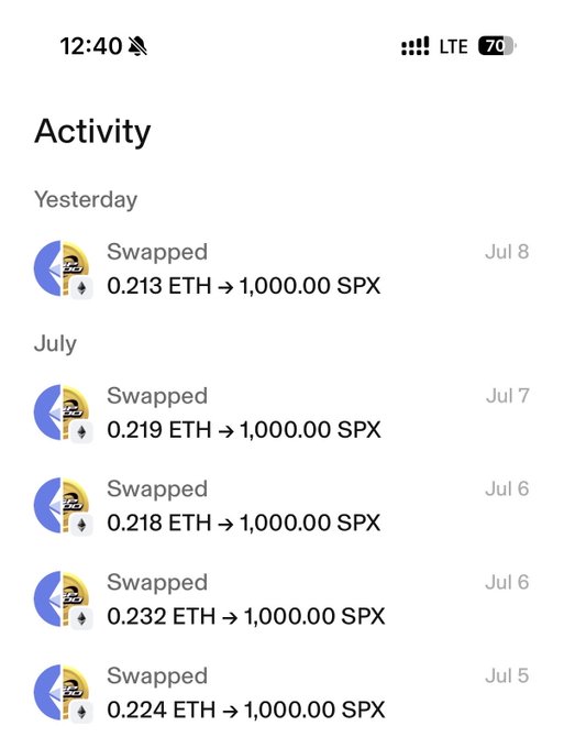 A cryptocurrency wallet activity log showing daily swaps of approximately 0.21-0.23 ETH to 1,000.00 SPX tokens from Jul 5 to Jul 8.