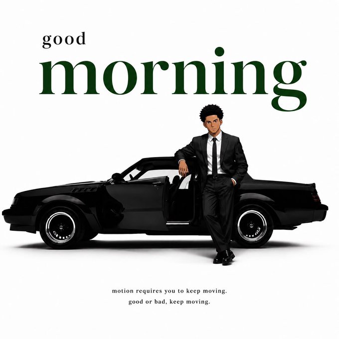 An illustrated man in a black suit leans confidently against a black car, with bold green "good morning" text and a motivational caption reading "motion requires you to keep moving. good or bad, keep moving." The image's message of perseverance through market dips mirrors the post's encouragement to stay positive and keep buying despite $ANSEM's downturn.