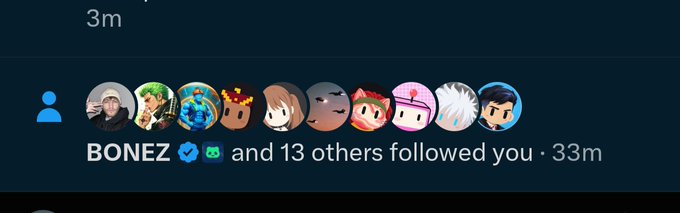 A social media notification showing 'BONEZ and 13 others followed you' with several user profile pictures displayed.