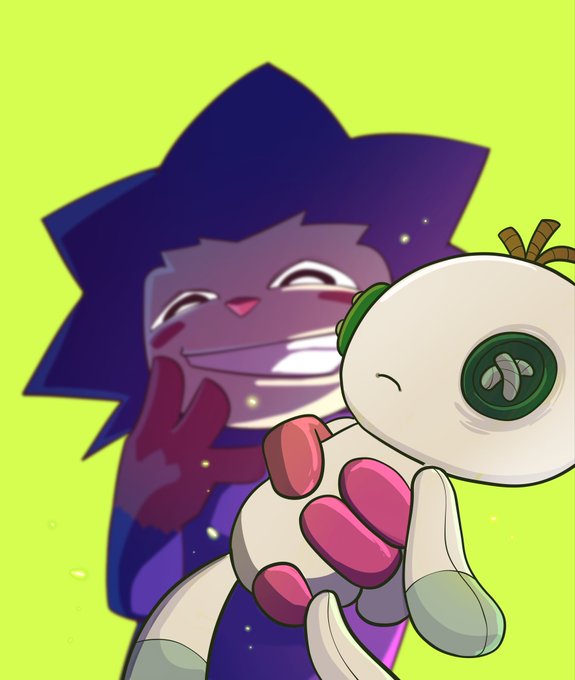 A cartoon figure with spiky dark hair and a toothy grin appears behind a white, plush-like creature with large eyes, set against a bright green background. The playful, meme-like aesthetic pairs well with the cheerful "GM! NFTs" post, conveying a lighthearted, enthusiastic vibe typical of crypto and NFT community greetings.